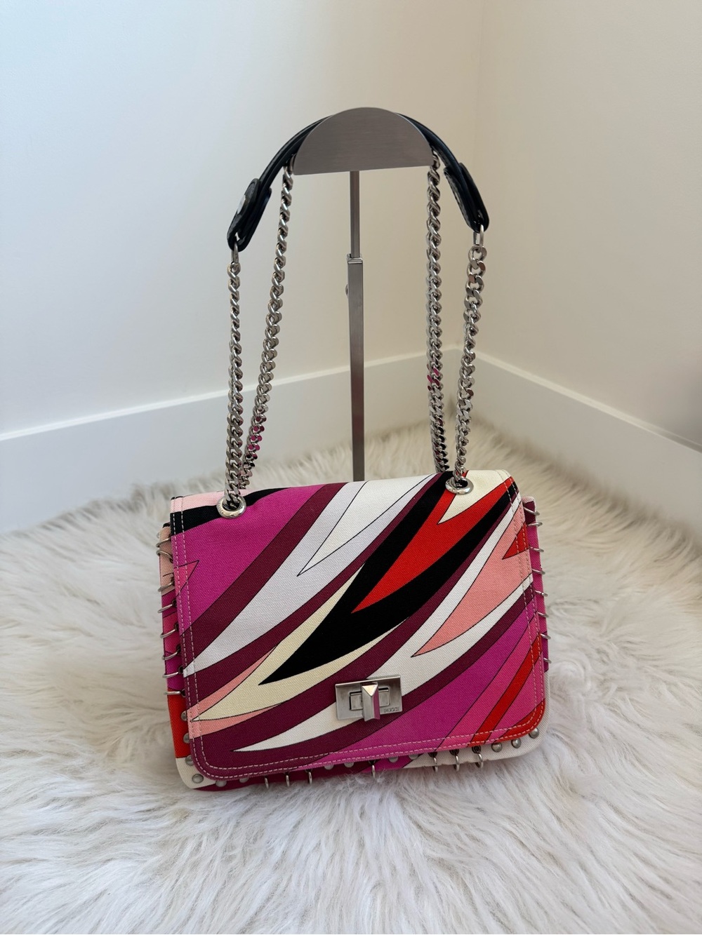 Emilio Pucci pink canvas chain flap bag with pierced edges